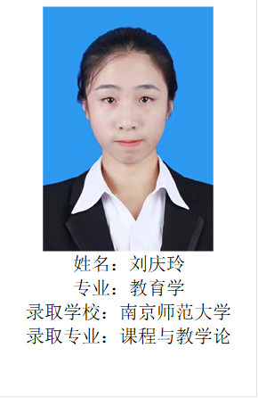  姓名：刘庆玲专业：教育学录取学校：南京师范大学录取专业：课程与教学论